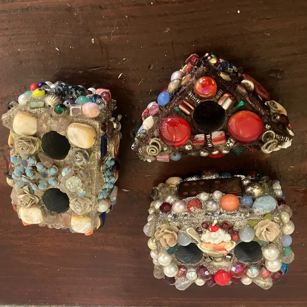 3 Handmade Pen/ Pencil/ Brush holders mosaic of beads, faux pearls, sparkles